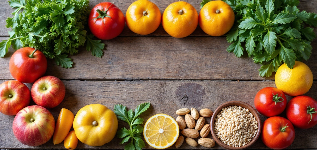 Mesa con una variedad de alimentos frescos y saludables como frutas, verduras, granos y proteínas magras, con un ambiente luminoso y natural.