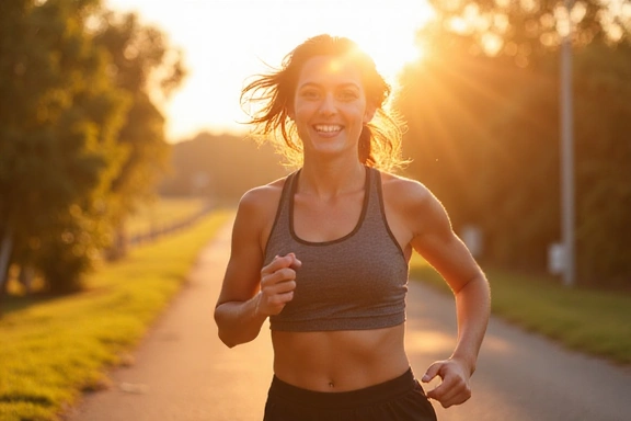 Mujer sonriendo y corriendo al aire libre con energía, bajo el sol.