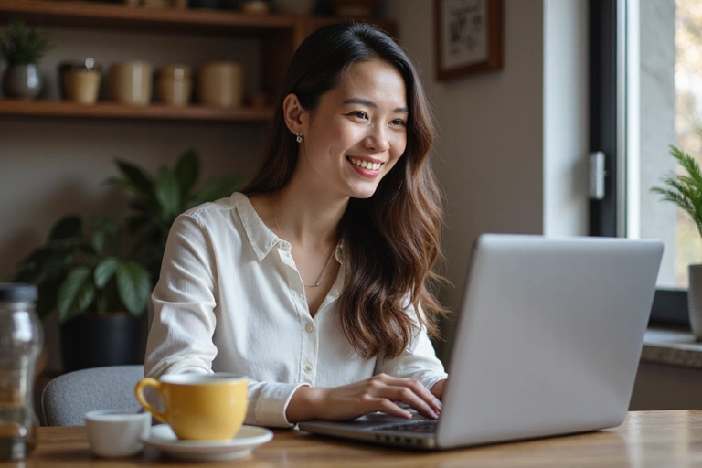 Mujer joven sonriendo mientras participa en una videollamada desde su portátil, con una taza de té y un ambiente acogedor.