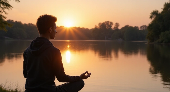 Persona joven meditando tranquilamente en un entorno natural al amanecer.