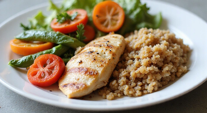 Plato colorido y equilibrado con vegetales, proteína magra y granos enteros.