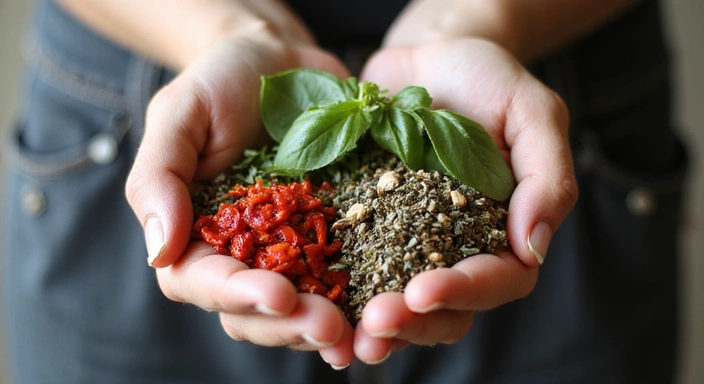 Primer plano de manos sosteniendo una variedad de especias y hierbas frescas.