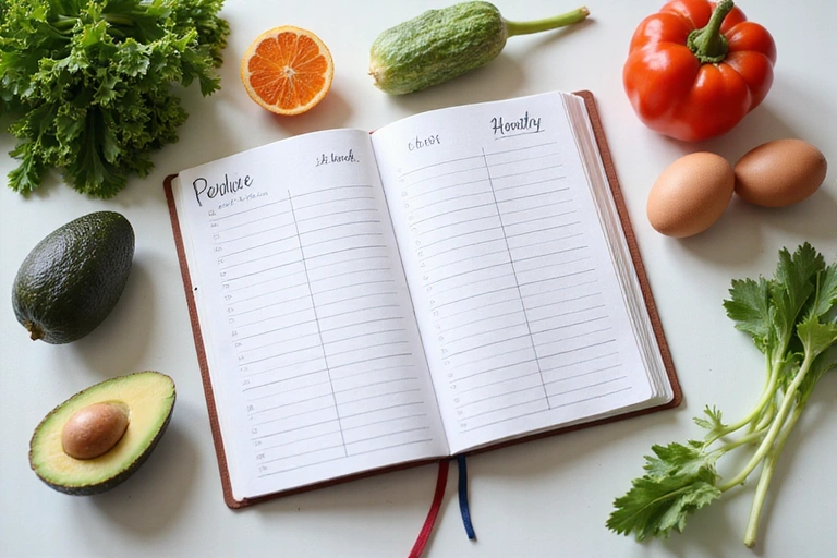 Un cuaderno abierto con un plan de comidas escrito a mano junto a alimentos saludables como aguacate, huevos y verduras.