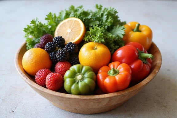 Variedad colorida de frutas y verduras frescas dispuestas artísticamente en un bol de madera.