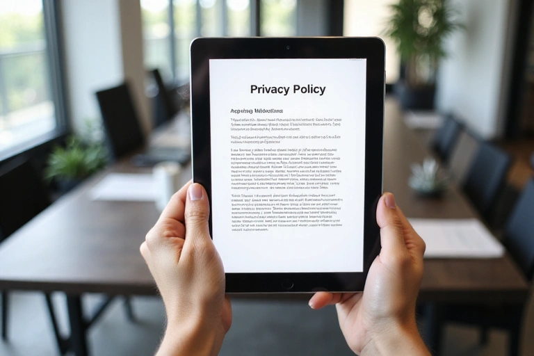 A person reviewing privacy policy on a tablet, emphasizing data protection.