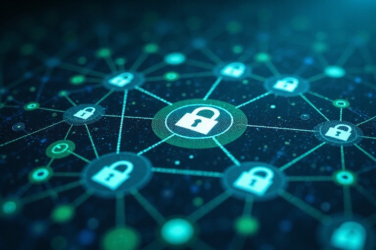 Digital representation of data flow and security, with lock icons and interconnected nodes.