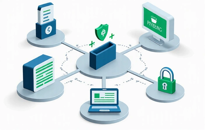 Illustration of secure data sharing between different entities, represented by connected nodes and encryption symbols.