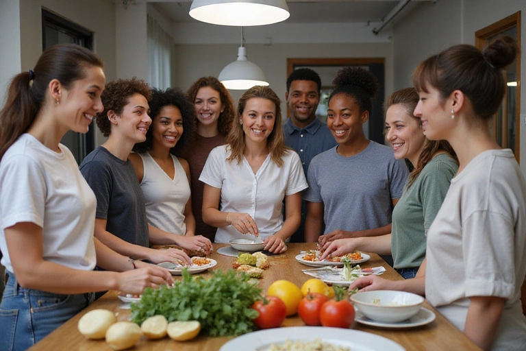 Grupo de personas participando en un taller de nutrición saludable, aprendiendo a preparar comidas
