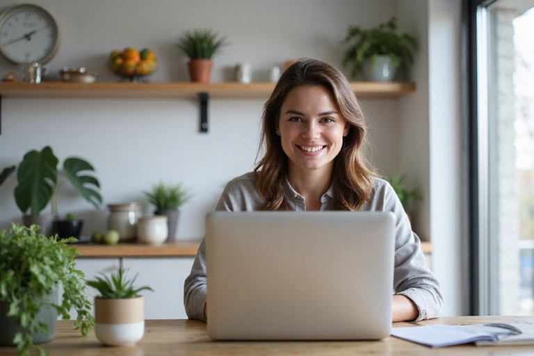 Mujer sonriendo mientras tiene una consulta de nutrición online en su laptop