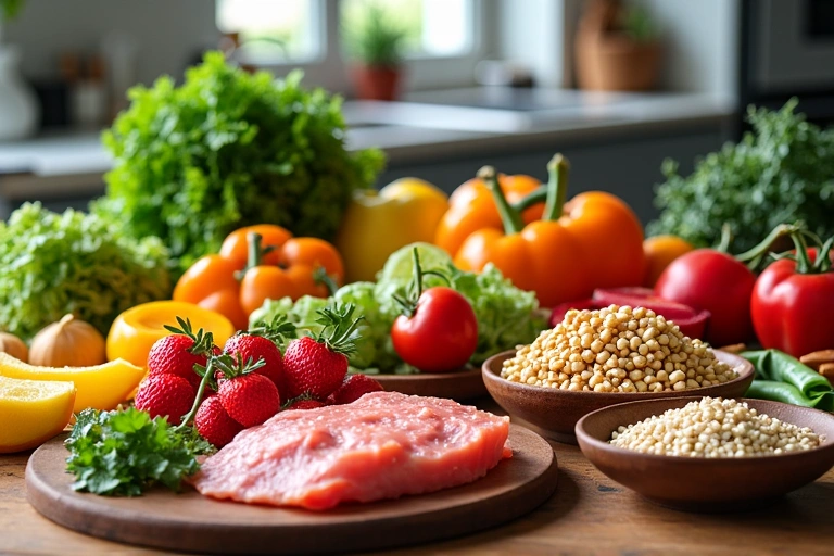 Variedad de alimentos saludables en una mesa de cocina, representando un plan de nutrición balanceado