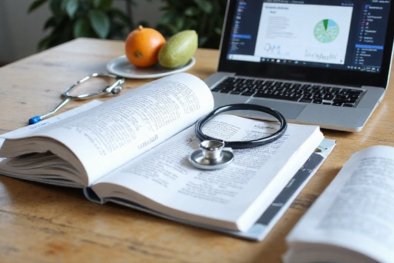 Mesa con libros de nutrición y un estetoscopio, simbolizando un enfoque científico