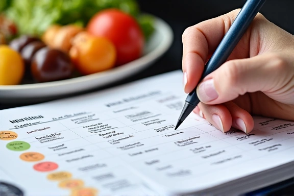 Persona escribiendo en un cuaderno con gráficos de nutrición, simbolizando la personalización